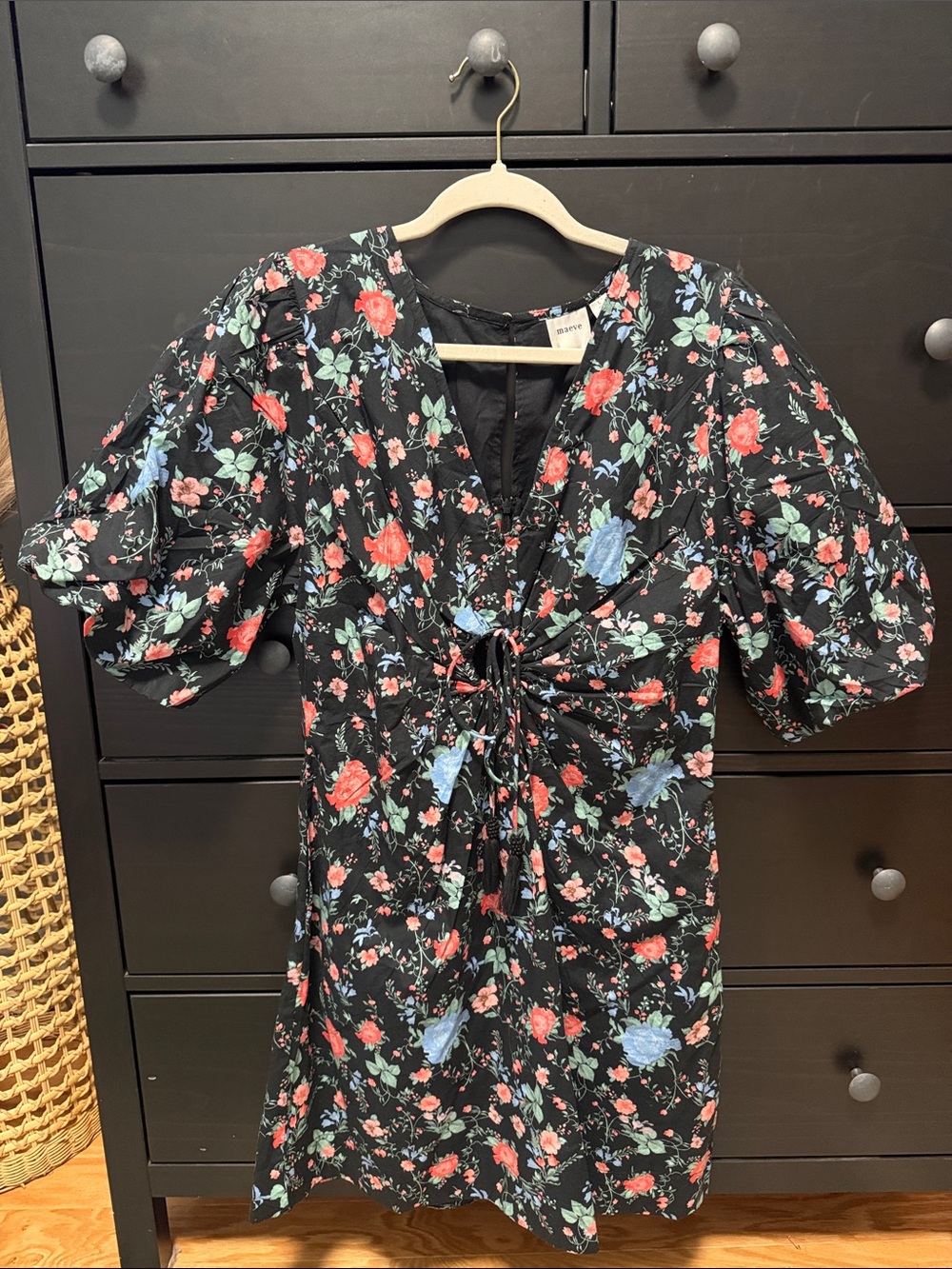Maeve Black Floral Tie-Front Dress with Puff Sleeves